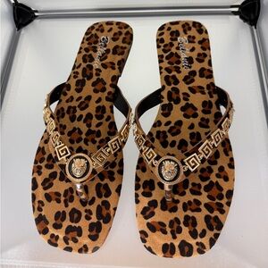 Leopard Print Womens Flip Flop Flat Sandals Brown/Gold Size 5.5 New